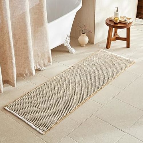 Waffle Runner Rug Bathroom, Long Boho Bathroom Rugs Non Slip Washable Super Absorbent Quick Dry Farmhouse Bath Decor, 72"x24" Khaki and White