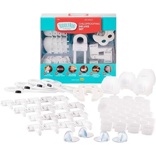 Toddleroo by North States Childproofing Deluxe Set | 4 knob Covers, 34 Plug Protectors, 18 Drawer latches, 1 Pinch Protector, 4 Gel Corner Protectors, 4 Sliding Cabinet Locks (65 Piece Set, White)