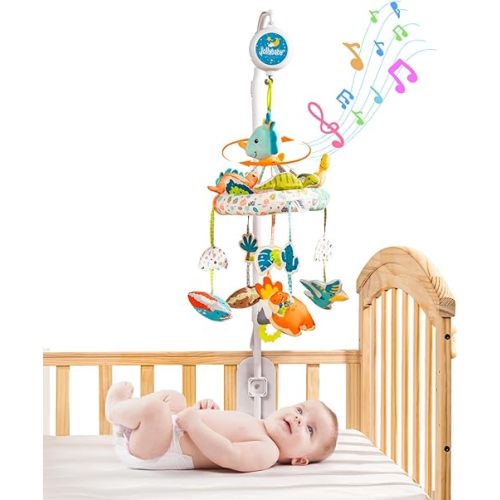 Jollybaby Nursery Baby Automatic Rotating Dinosaur Crib Mobile with Music Box & Arm, Montessori Sensory Musical Hanging Toy for Bassinet, Newborn Clip on Crib Mobile Soother Toy Gift, Polyester
