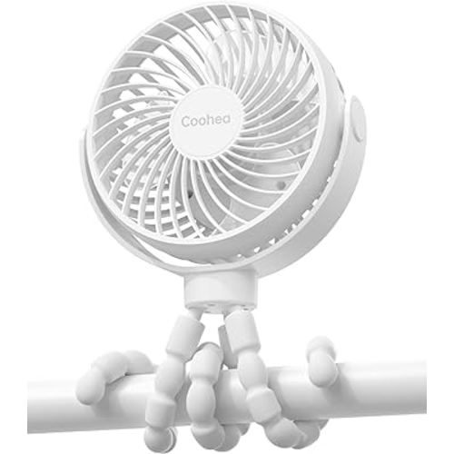 Coohea Stroller Fan Clip on Baby Fan Small Portable Fan with Flexible Tripod USB Rechargeable Battery Operated Fan for Car Seat Backseat Bike Travel Beach Camping, 360°Rotatable, 3 Wind Speed, White