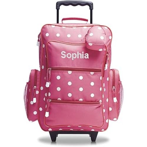 Lillian Vernon Personalized Rolling Luggage for Kids – Pink Polka Dot Design, 6” x 15.5" x 23"H