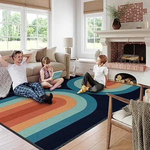Lahome Boho Washable Kids Rug 5x7, Ultra-Thin Rainbow Woven Playroom Rug for Kids Bedroom Dining Room, Cotton Reversible Classroom Rugs for Nursery Office (5'x7', Blue)