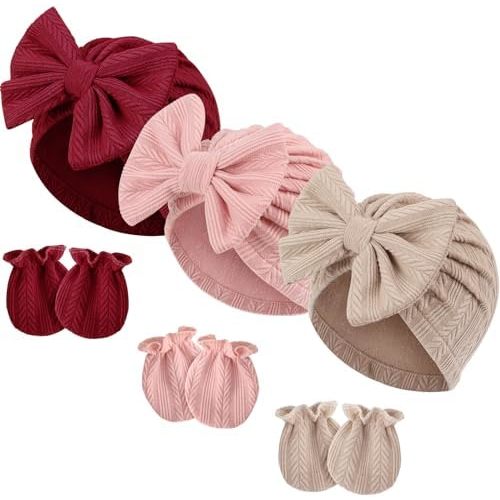 BQUBO Newborn Baby Hospital Hats Beanie Bow Infant Caps Baby Cotton No Scratch Mittens Set for 0-6 Months