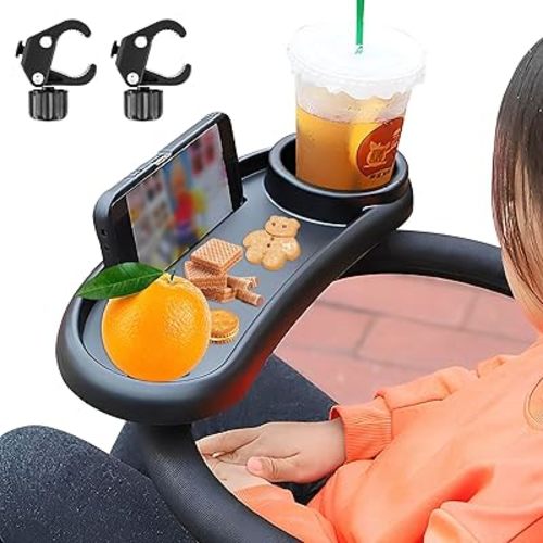 Stroller Snack Tray with Cup Holder Universal Stroller Food Tray Removable, Non-Slip Grip Clip for Stroller Bar Reusable Stroller Snacks Holder for Strollers with Round Armrests (D)