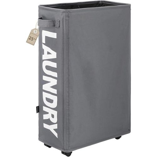 TOTANKI 25" Rolling Slim Laundry Basket on Wheels, Foldable Laundry Hamper with Handle, Collapsible Laundry Sorter and Organizer, Tall Storage Basket Bin (Grey)