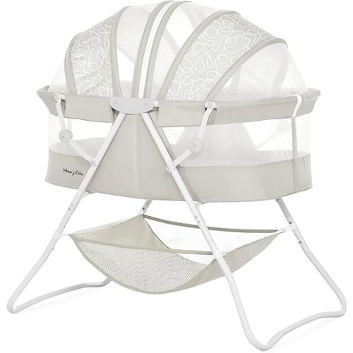 Dream On Me Karley Bassinet in Cool Grey, Lightweight Portable Baby Bassinet, Quick Fold and Easy to Carry , Adjustable Double Canopy, Indoor and Outdoor Bassinet with Large Storage Basket.