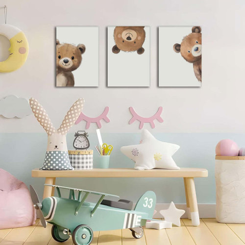 August Grove® 3 Piece Baby Bear Canvas Wall Art Nursery Funny Animal Wall Art Cute Bear Pictures Wall Decor Kids Baby Boy Animal Art Prints For Children's Room Bedroom 12"X16" Framed | Wayfair