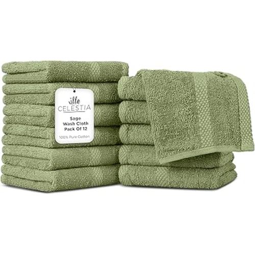 100% Cotton Wash Cloth for face & Body Set of 12, (12 x 12 inches) Sustainable, Soft, Highly Absorbent, Combed Cotton Wash Cloths Pack of 12 for Hotels, Spa, Bathroom, Dorm, Sage