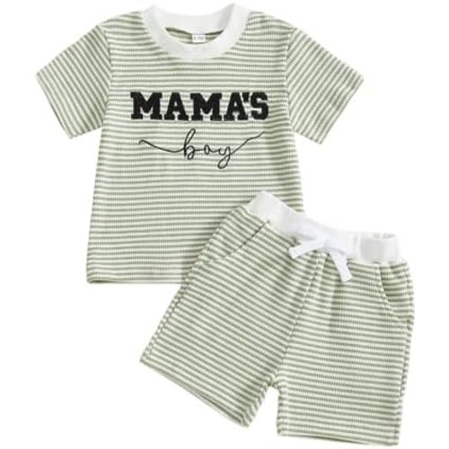 Baby Boys Summer Clothes Striped Mamas Boy Waffle Short Sleeve T-shirt Tops Shorts Set 6 12 18 24 Months Outfits