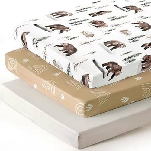 Stretchy Ultra Soft Jersey Knit Pack and Play Sheets Set 3 Pack, Portable/Mini Crib Sheets Universal Fit for Pack N Plays Safe and Snug, Cute Jungle Bear/Rainbow for Baby
