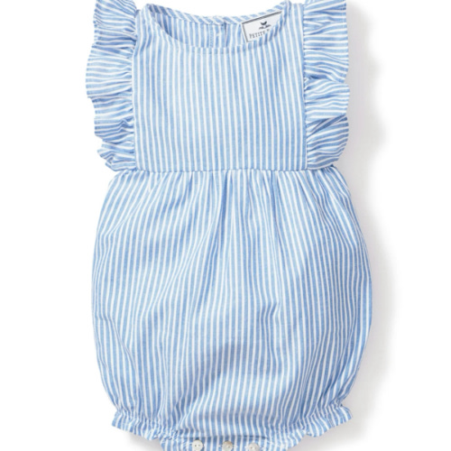 Baby's Twill Ruffled Romper in French Blue Seersucker