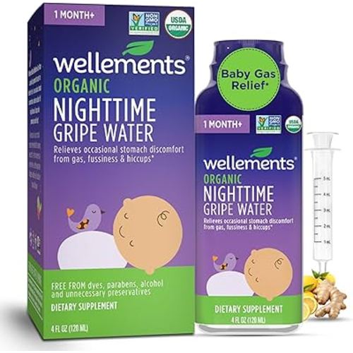 Wellements Organic Nighttime Gripe Water for Babies 1 Month+ (4 Fl Oz) - Baby Gripe Water for Bedtime Relief Gas, Colic & Fussiness - Herbs Promote a Peaceful Night’s Sleep - USDA Certified & Non GMO