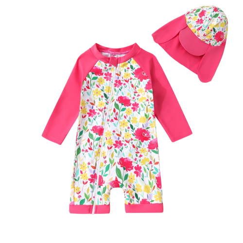 Happy Town Toddler Baby Girl Floral Swimsuit Long Sleeve One-Piece Rash Guard Bathing Suit with Hat