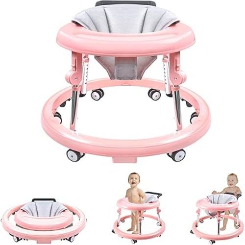 Baby Walker with Wheels, Activity Center with Mute Wheels Anti-Rollover, 5-Position Height Adjustable Foldable Baby Walker for Boys and Girls from 6-18 Months with Footrest