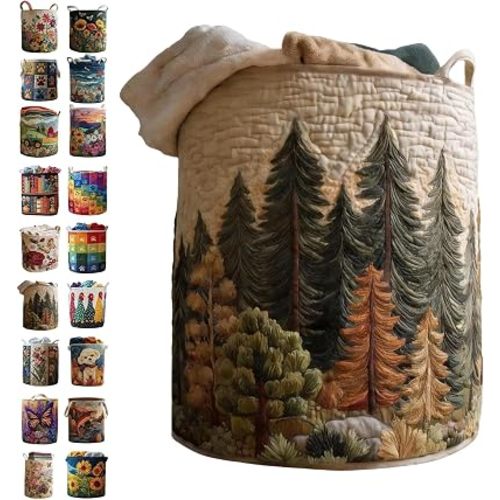 Quilted Laundry Baskets with Handles, Large Floral Fabric Hampers, Extra Soft Boho Chic Storage Organizer for Nurseries, Collapsible Clothes Bins, Portable Bedroom Washing Container