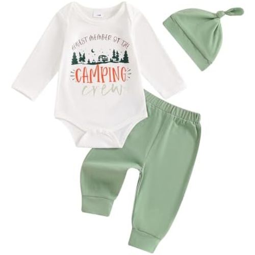 Rtnnsbbfcm Newborn Baby Boy Fall Clothes Long Sleeve Letter Print Romper Pants Hat 3Pcs Camping Outfit