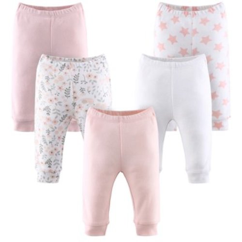 The Peanutshell Baby Pants for Girls 5 Pack Pink White Floral Stars