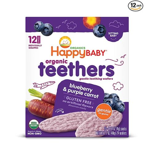Happy Baby Gentle Teethers Organic Teething Wafers Blueberry Purple Carrot, 0.14 Ounce Packets (Box of 12) Soothing Rice Cookies for Teething Babies Dissolves Easily, Gluten Free No Artificial Flavor