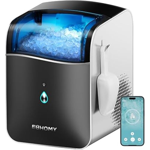 EUHOMY Smart Nugget Ice Maker Countertop, Portable Sonic Ice Maker with APP Control, 40lbs/24H, Ready in 8 Mins, Self-Cleaning, Pebble Ice Machine with Hanging Ice Scoop for Home/Kitchen/Office