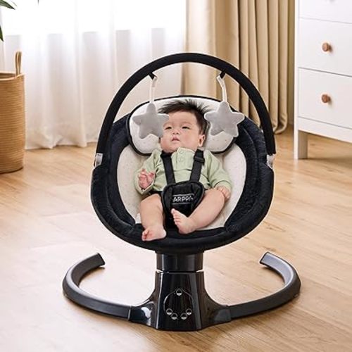 HARPPA Electric Baby Swing for Infants with Music Speaker, 5 Adjustable Speeds, 5-Point Safety Harness, Timer Function, Compact Design for Indoor & Outdoor Use,Black