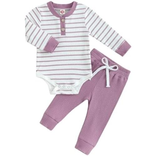 Newborn Baby Boy Girl Clothes Ribbed Knitted Long Sleeve Romper Pants Solid Cotton Infant Fall Winter Outfits 2Pcs