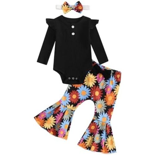 fhutpw Newborn Baby Girl Clothes Rib Frill Long Sleeve Romper Daisy Flared Pants Headband Set 3pcs Fall Winter Outfits