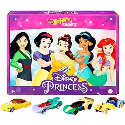 Hot Wheels Mattel Disney Princess Toy Cars 5-Pack, Set of 5 Character Vehicles in 1:64 Scale: Mulan, Snow White, Belle, Jasmine & Ariel