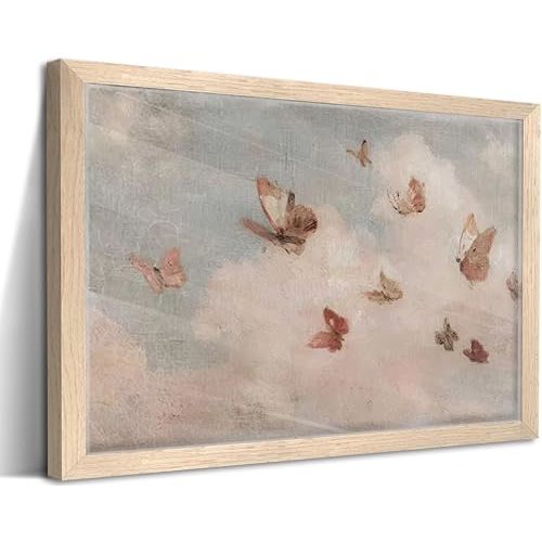 Framed Vintage Butterfly Cloud Wall Art Rustic Cottagecore Canvas Print French Country Painting Poster Nursery Girls Picture Wall Decor for Bedroom Livingroom 12x16 Inches Ready to Hang