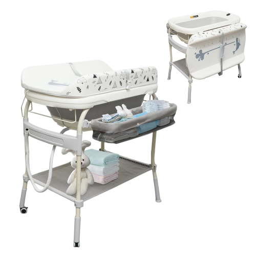 2-in-1 Baby Changing Table with Bathtub, Akaber Newborn Foldable Portable Diaper Station, Adjustable Height with Wheels, Waterproof Pad, Storage Rack