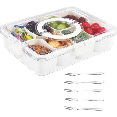 Divided Serving Tray with Lid,Snack Box,Portable Snack Platters Organizer,Charcuterie Snackle Box Container with 8 Compartments & 5 Forks,Food Storage Containers,Keep Your Candy,Chips Fresh. - 1pcs-8 Compartments