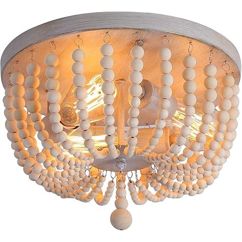 Q&S Wood Beaded Chandelier,Boho Farmhouse Light Fixture,Oak White,3 Lights,Semi Flush Mount Ceiling Light Fixtures for Hallway Baby's Nursery Bedroom Kitchen Living Room
