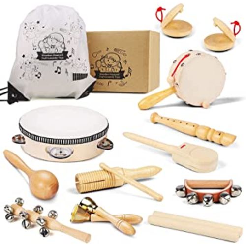 Chriffer Kids Musical Instruments Toys, Percussion Instruments Set with Storage Bag, Preschool Educational Music Toys for Boys Girls, Natural Eco-Friendly Wooden Music Set (11pcs)