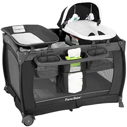 Pamo Babe Deluxe Nursery Center, Foldable Playard for Baby & Toddler, Bassinet, Mattress, Changing Table for Newborn (Grey)
