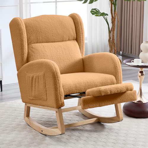 NIOIIKIT Oversized Nursery Rocking Chair with Footrest, Teddy Upholstered Glider Chair, Nursery Gliding Recliner with Side Pocket, Glider Rocker for Living Room (Orange Teddy)