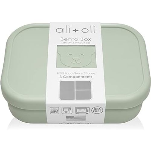 Ali+Oli Silicone Bento Box (Pine) Lunch Box for Kids, Toddlers, Preschoolers & Adults | BPA-Free and Spill-Proof | Ideal for School, and On-the-Go Meals| Perfect for Lunch, Snacks, and Meals