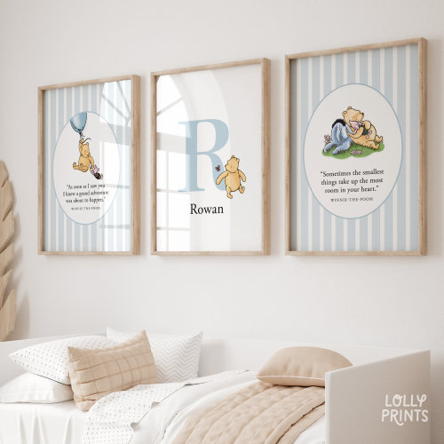 Personalized Classic Winnie-The-Pooh Wall Art Set of 3, Custom Name Nursery Wall Decor, Winnie-The-Pooh Quotes, Decorative Name Sign Gift