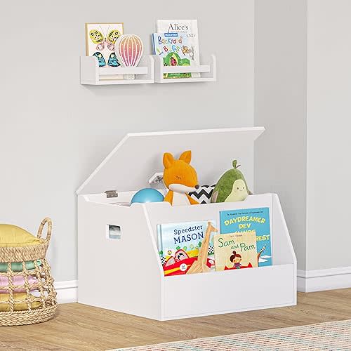 RiverRidge Kids Toy Box Storage with Front Bookrack and 2 10" Floating Bookshelves Kids Room Toy Chest Organizer with Pinch-Free Lid