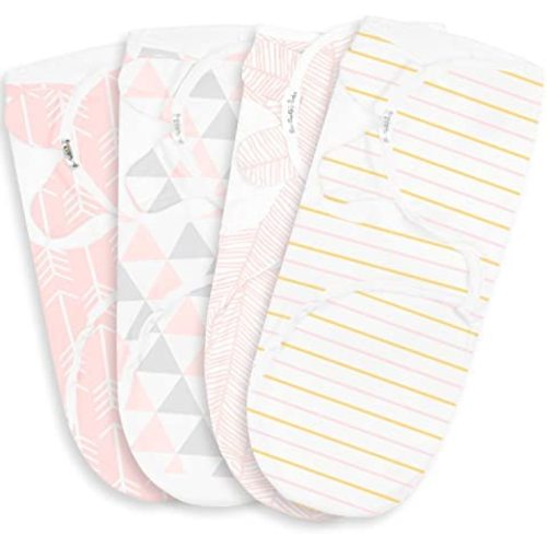Swaddle Blanket, Adjustable Infant Baby Swaddling Wrap Set of 4, Baby Swaddling Wrap Blankets for Boys and Girls Made in Soft Cotton, by BaeBae Goods (0-3 Months, Pink/Gold Stripes)