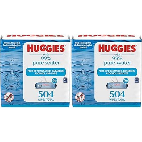 Huggies 99% Pure Water Baby Wipes, Unscented, 9 flip-top packs, 504 Wipes Total, Packaging May Vary, (Pack of 6)
