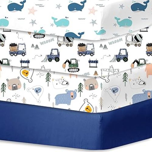 Crib Sheets 4 Pack, Baby Toddler Sheets Fitted for Boys Girls, Crib Mattress Sheet Fit Standard Size 52''x28''x8'' Crib Mattress, Soft Breathable and Machine Washable, Whale & Truck