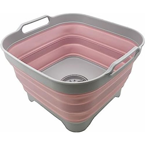 SAMMART 10L (2.6 gallons) Collapsible Plastic Dishpan with Draining Plug - Portable Washing Tub/Basin - Foldable Tub - Space Saving Kitchen Storage (Grey/Pale Pink)