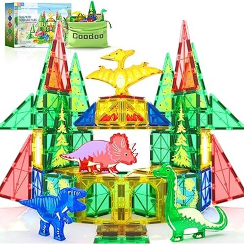 Dinosaur Toys Magnetic Tiles - Magnet Building Blocks for Toddler Kids Toys STEM Sensory Outdoor Toys for 3+ Year Old Boys and Girls, Dinosaur World Creative Games Kids