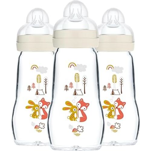 MAM Feel Good Medium Flow Premium Glass Bottle, Easy Switch Between Breast and Bottle, 9oz, 0+ Months, Unisex, 3 Pack