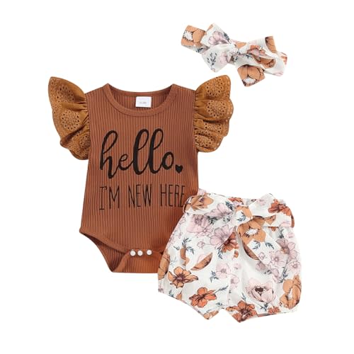 Hello World Newborn Outfit Baby Girl Going Home Outfit Ruffle Ribbed Romper Top Floral Pants Set Cute Summer Clothes
