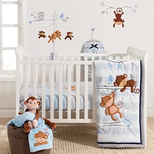 Bedtime Originals Mod Monkey 4-Piece Animals Baby Crib Bedding Set – Blue/Gray