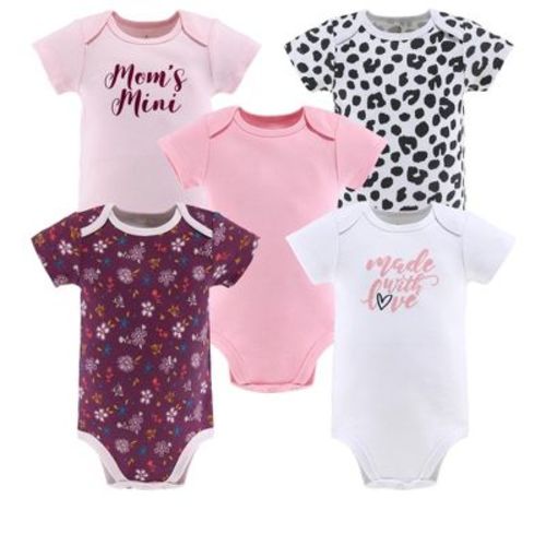 The Peanutshell Baby Girl Short Sleeve Bodysuits, 5-pack, Pink, Cheetah/pink Floral, Newborn