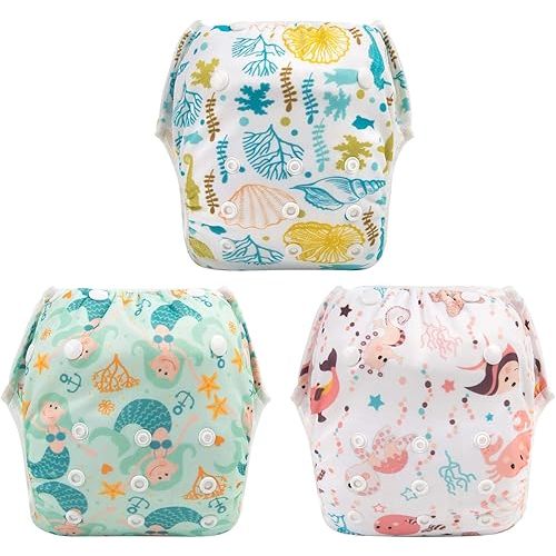 Babygoal Baby & Toddler Girl and Boy Swim Diapers, Reusable Adjustable Washable One Size Fits 6M-3T Gifts and Swimming Lessons 3 Pack 3ZSD12