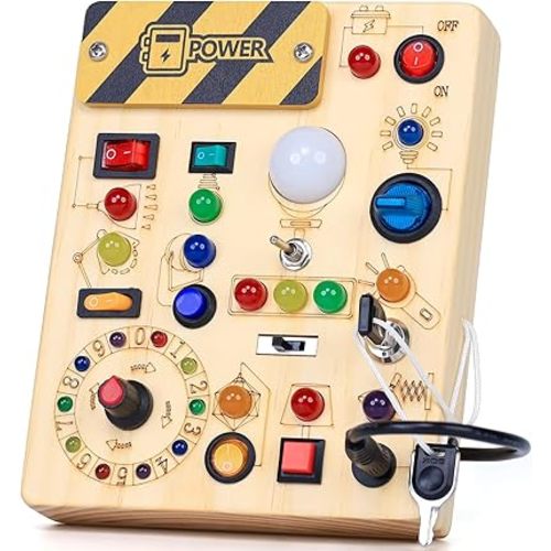 iHarPro Busy Board with 13 LED Light Switches, Montessori Toys for 1+ Years Old, Wooden Sensory Board, Toddlers Activity Travel Toys for 1 2 3 Year Old Boy Birthday Gift