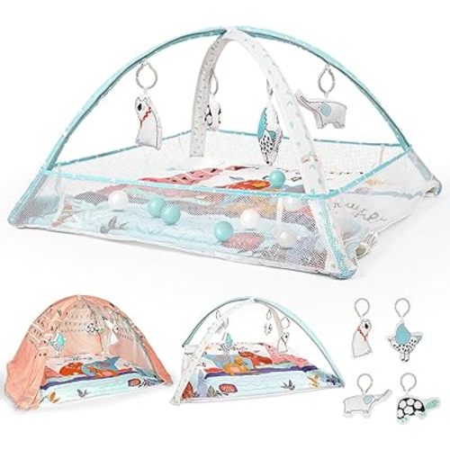 LADIDA Baby Play Gym, Activity Mat with Ball Pit, 3 Stage Play Mat Padded Tummy Time Mat with STEM Based Toys for Sensory and Motor Skill Development, Newborn to Toddler (Include 10 Balls)