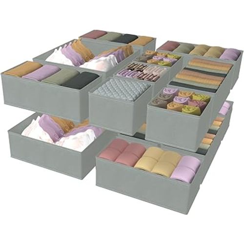 16 Pack Drawer Organizer 3 Sizes for Clothes Underwear Socks Bra Ties Closet Storage Bins Foldable Fabric Dresser Drawer Dividers for Baby Clothing Nursery Closet Organization Gray